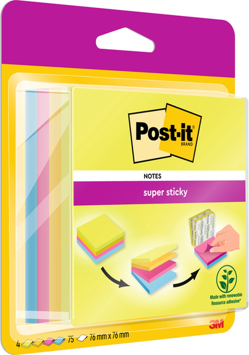 Post-it® super sticky notes, neon groen, canary yellow™, fuschia, mediteraan blauw , 76mm x76 mm, 75 blaadjes blok, 4 blokken