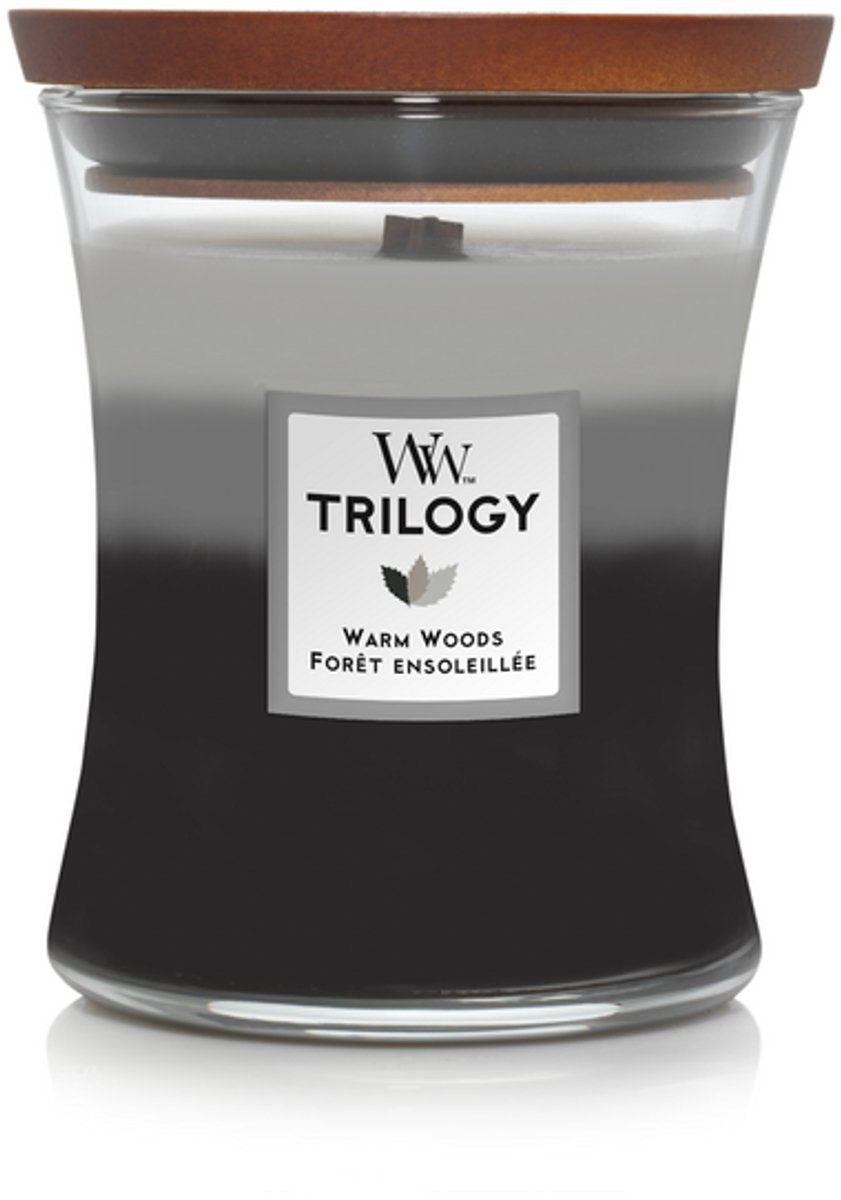 Woodwick hourglass trilogy medium geurkaars - warm woods - 60 branduren