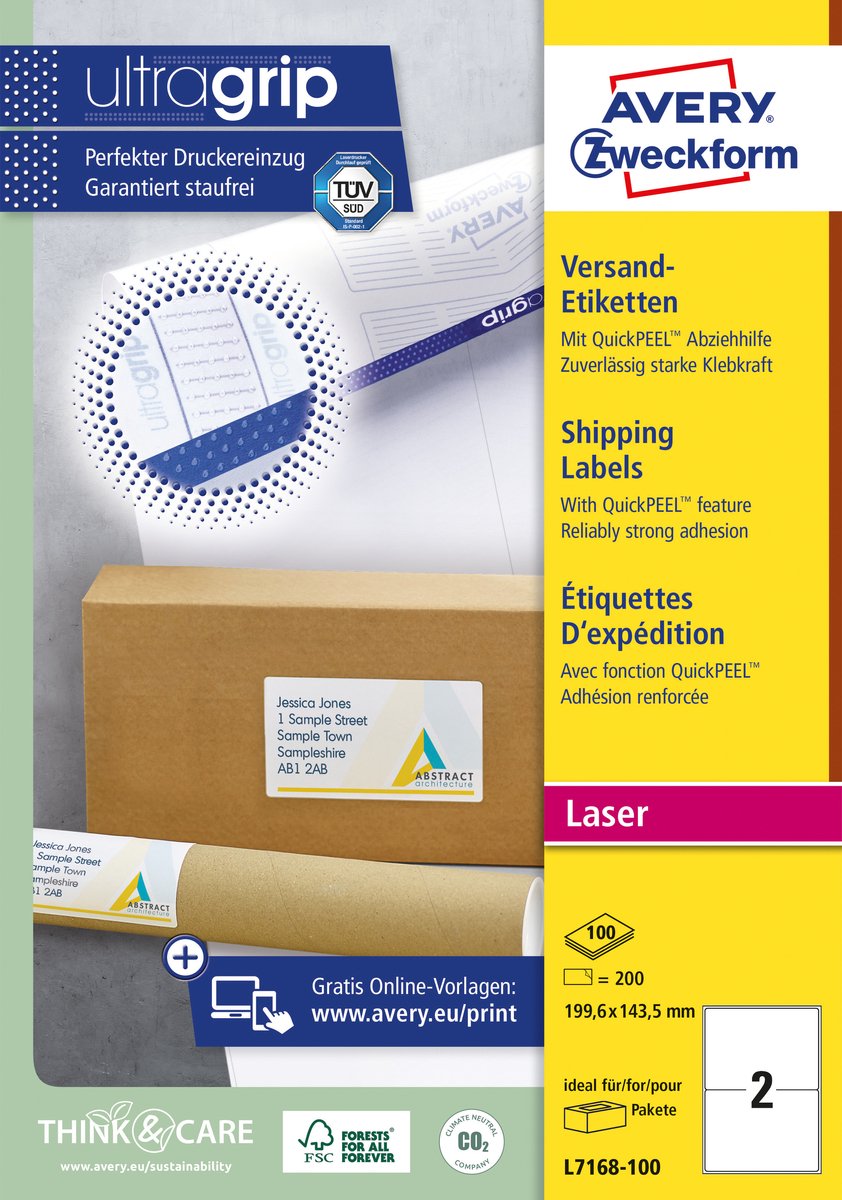 Avery witte laseretiketten quickpeel doos van 100 blad formaat 1996 x 1435 mm (b x h) 200 stuks 2 per blad