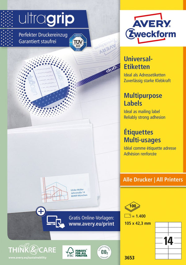 Avery witte etiketten quickpeel formaat 105 x 423 mm (b x h) 1.400 stuks 14 per blad doos van 100 blad