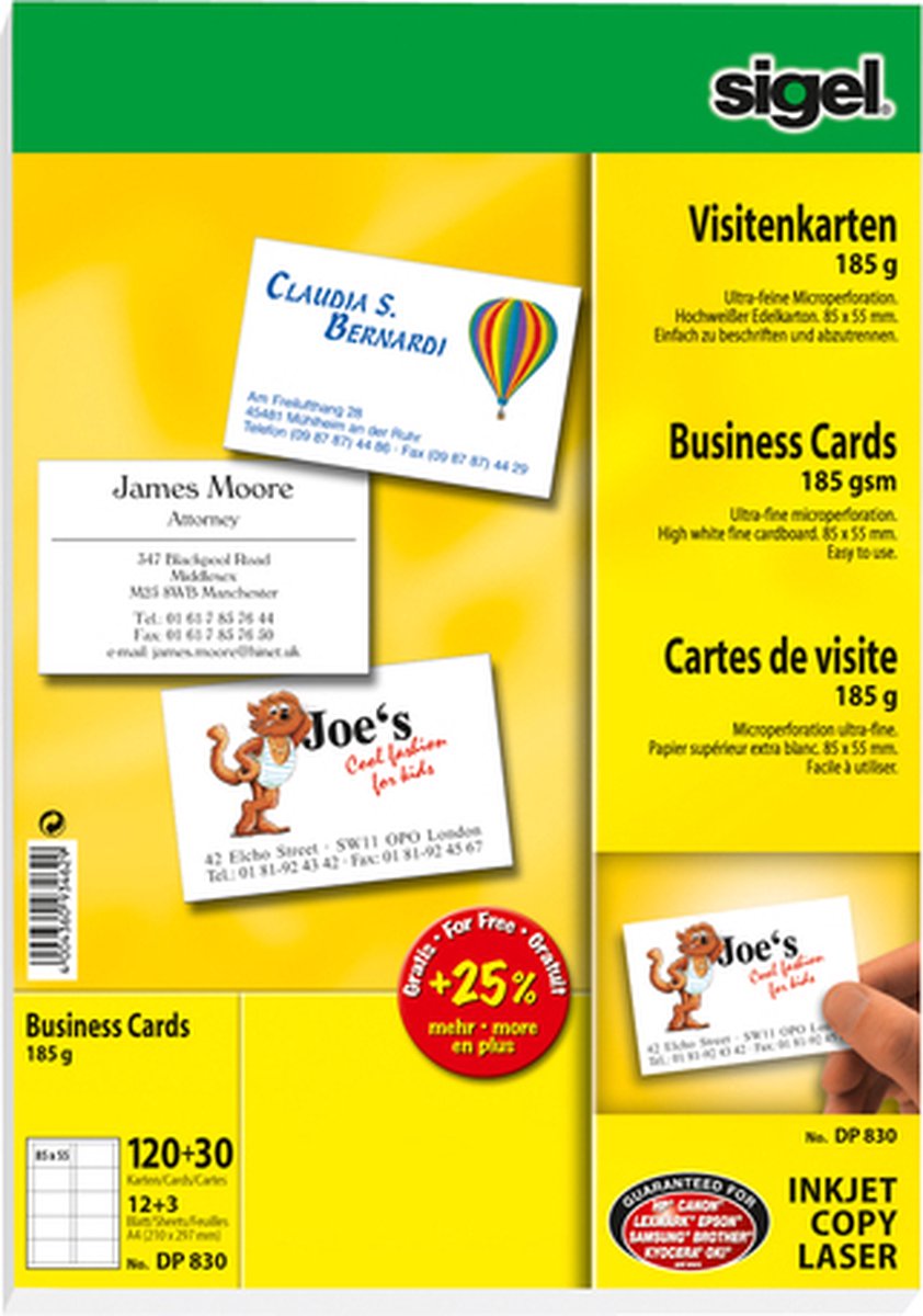 Sigel - visitekaartjes - wit - 85x55 mm - 185 gram - 150 stuks - si-dp830