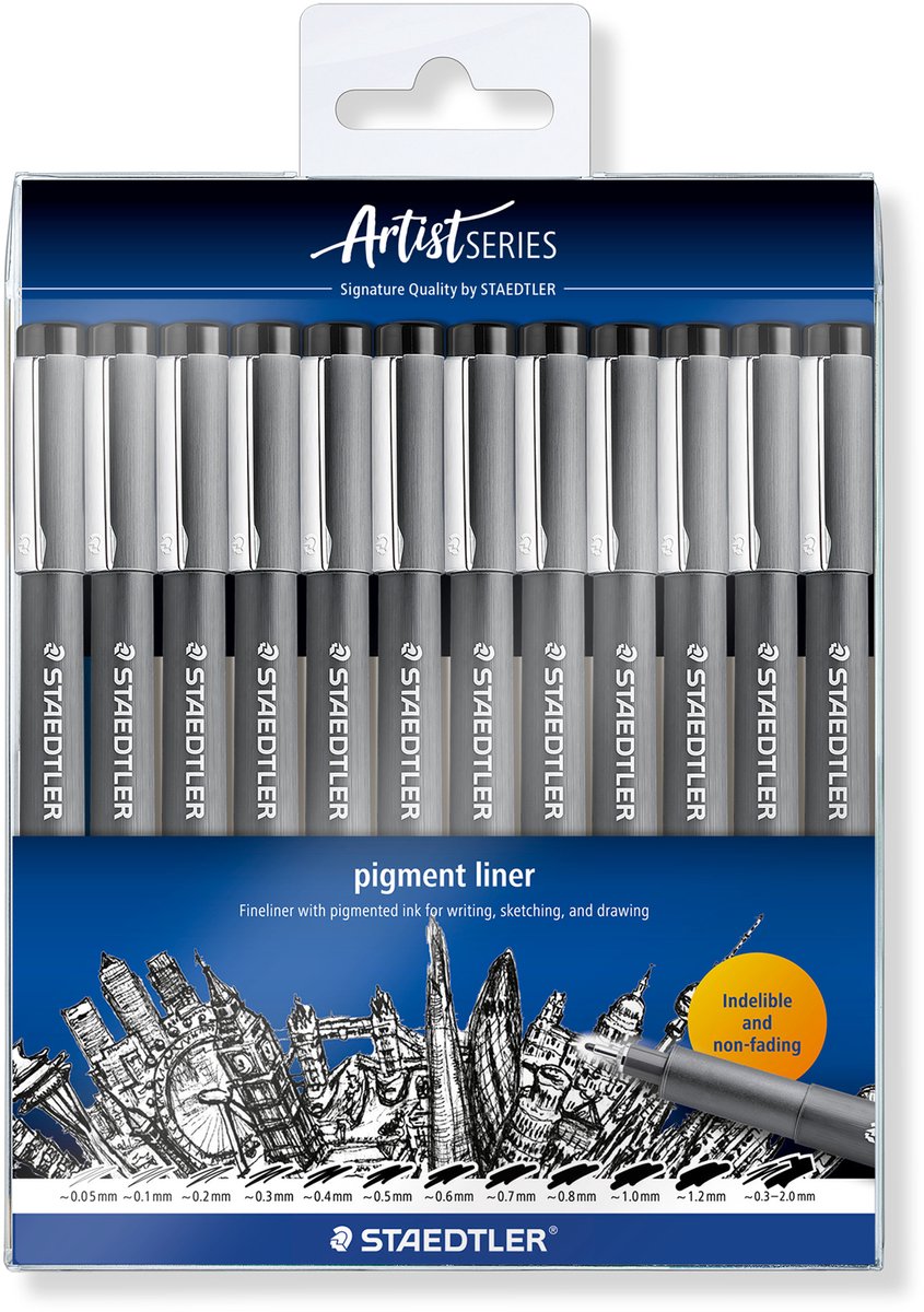 Staedtler - artist series - pigment liner 308 - etui met 12 lijnbreedten - zwart