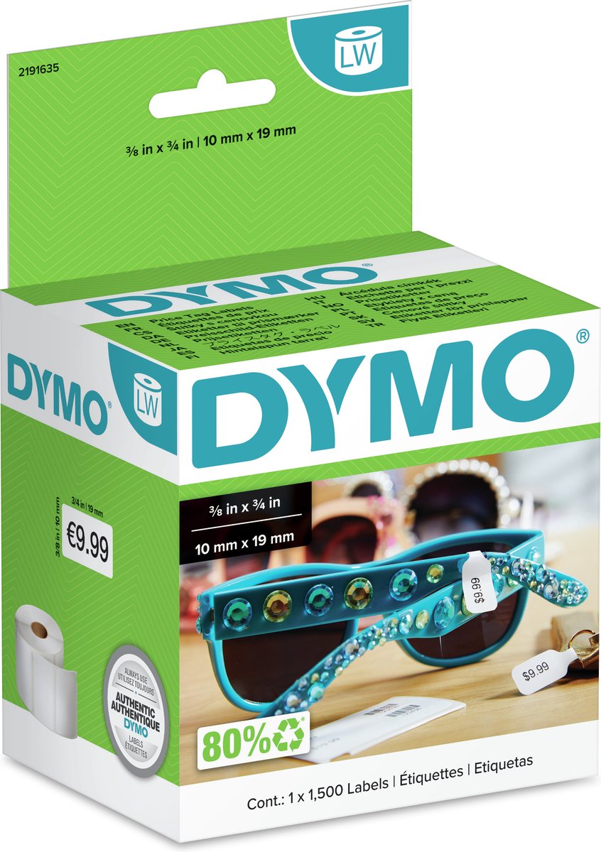 Dymo authentieke lw 2-up prijskaartlabels | 10 mm x 19 mm | labels voor labelwriter-labelprinters | 1 rol met 1500 prijskaartstickers