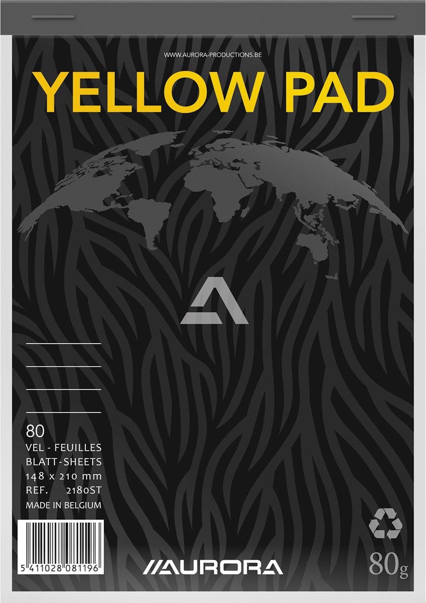 Aurora schrijfblok - yellow pad - recycled - a5 - geel - 80g - gelinieerd - 80 vel