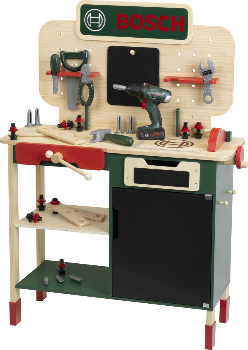 Klein toys - bosch houten werkbank- in hoogte verstelbaar - elektrische accuboormachine, gereedschap met licht- en geluidseffecten