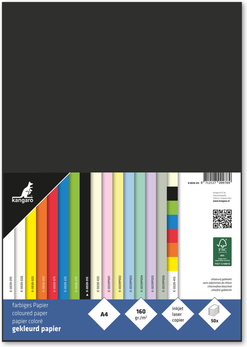 Kangaro papier - a4 - 160 gram fsc - pak 50 vel - zwart