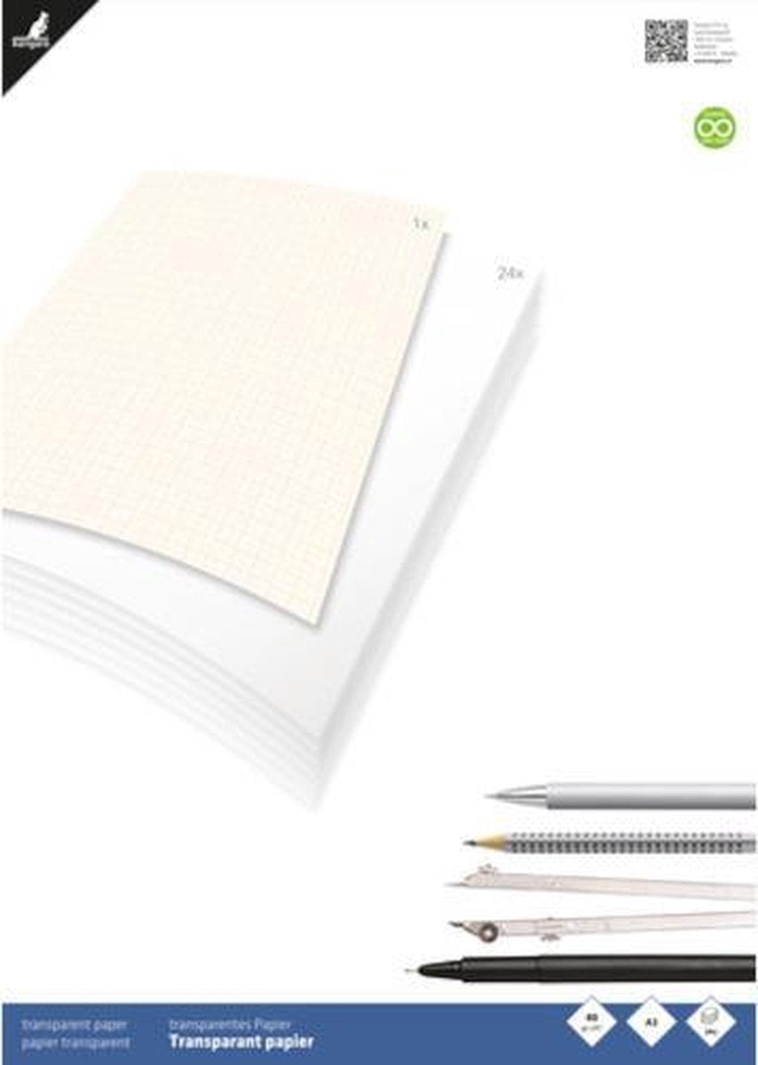 Kangaro tekenblok - a4 - 80 grams - 24 vel - transparant - met vel mm-papier