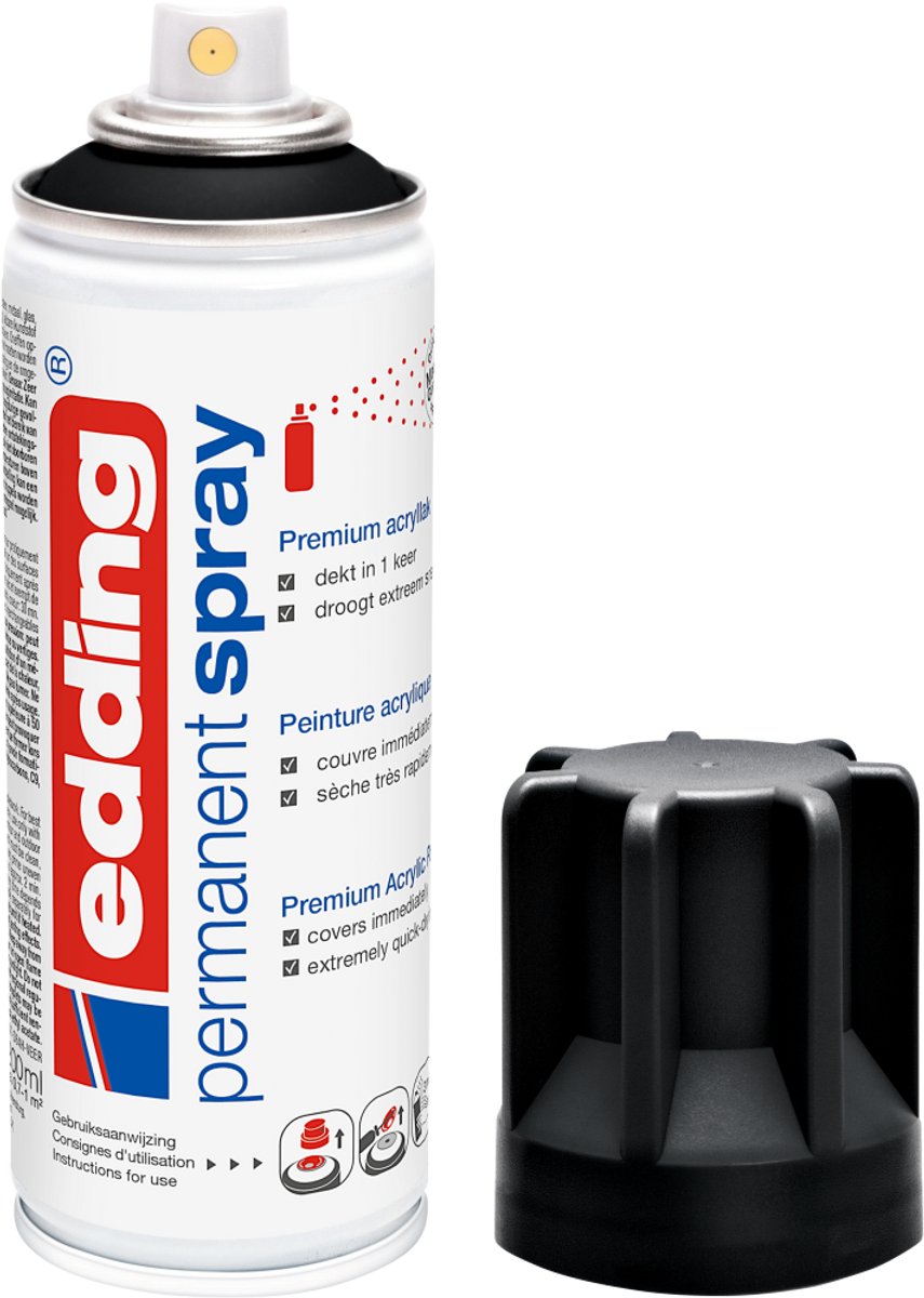 Edding 5200 spuitverf in spuitbus - diepzwart mat - 1 stuk - 200 ml verf - direct dekkend – 0,7-1 m2 oppervlak - acrylverf voor het lakken en versieren van glas, metaal, hout, keramiek, kunststof, canvas - permanent spray, verfspray