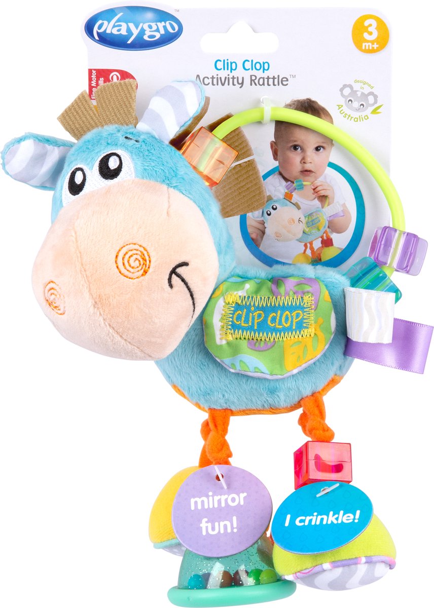 Playgro clip clop rammelaar - blauw - activiteitenspeeltje - rammelaar - kraamkado - baby speelgoed - babyspeeltje - kinderwagenaccessoire - knuffeldier - baby rammelaar - bijtspeelgoed - grijpspeelgoed - baby