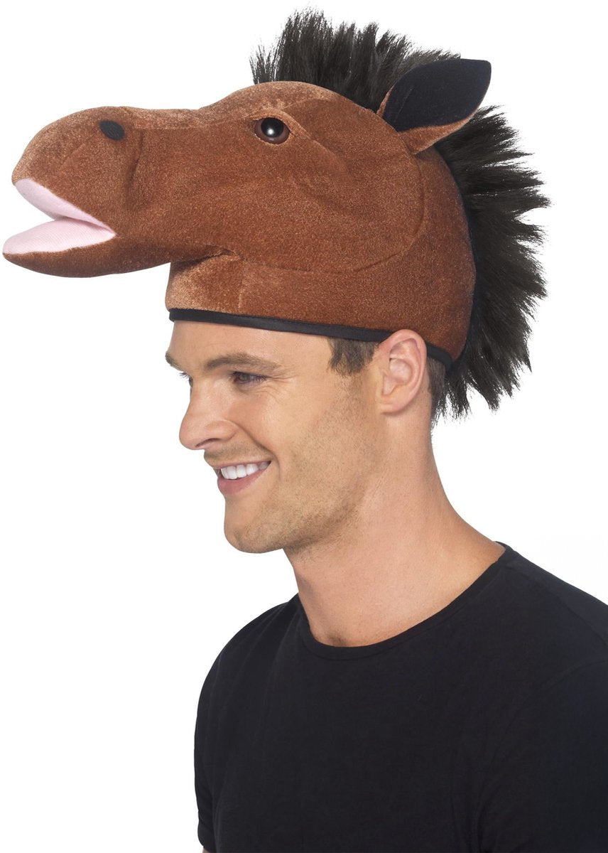 Smiffys carnaval verkleed dierenpak hoed - paardenhoofd - bruin - met details - dierenkoppen - volwassenen