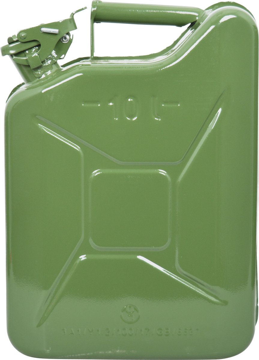 Carpoint metalen jerrycan 10 liter – un keur – lekvrije beugelsluiting – voor benzine e85 – stevig staal – groen