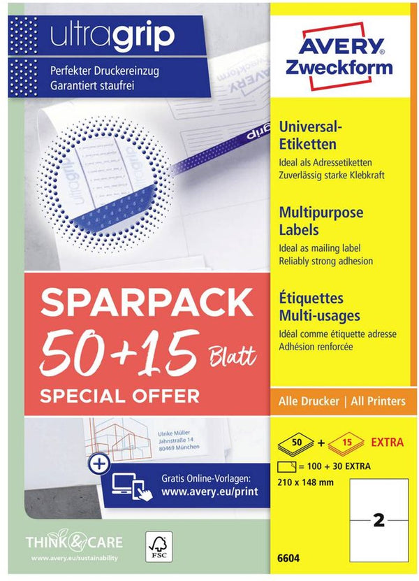 Avery -zweckform 6604 universele etiketten 210 x 148 mm papier wit 130 stuk(s) permanent hechtend ilc