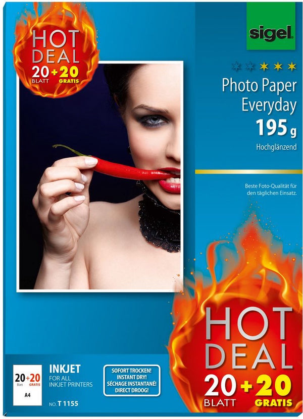 Sigel inkjet fotopapier everyday plus a4 hoogglanzend 195 grams 20 vel + 20 vel gratis