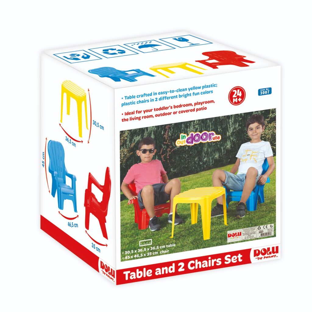 Dolu tafel met 2 stoelen blauw rood geel