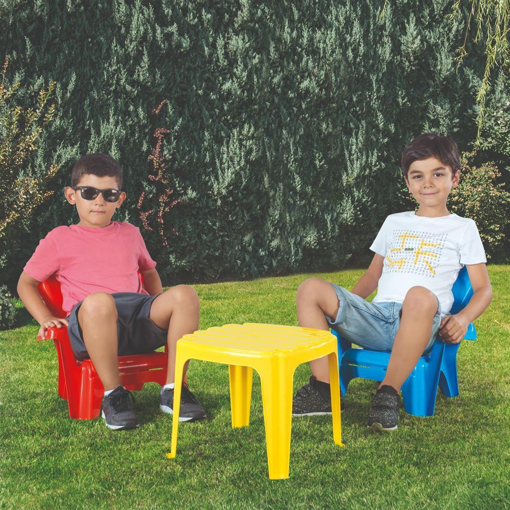 Dolu tafel met 2 stoelen blauw rood geel