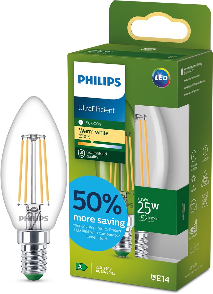 Philips led philips ultraefficient led lamp - 25w - e27 fitting - warmwit licht: 2700k - mat glas - p45 kogellamp - lange levensduur