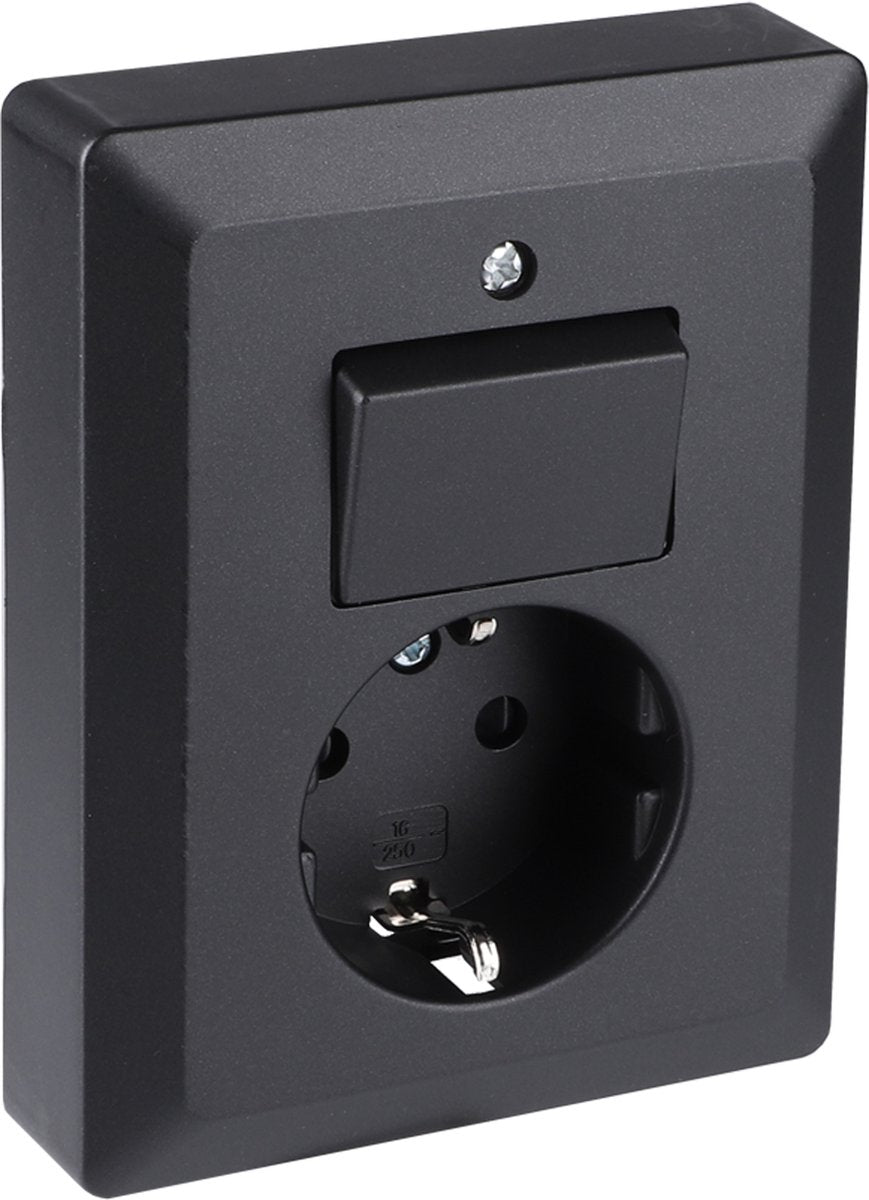 Q-link stopcontact met wisselschakelaar - zwart - combinatie wandcontactdoos - inbouw stopcontact en schakelaar - randaarde