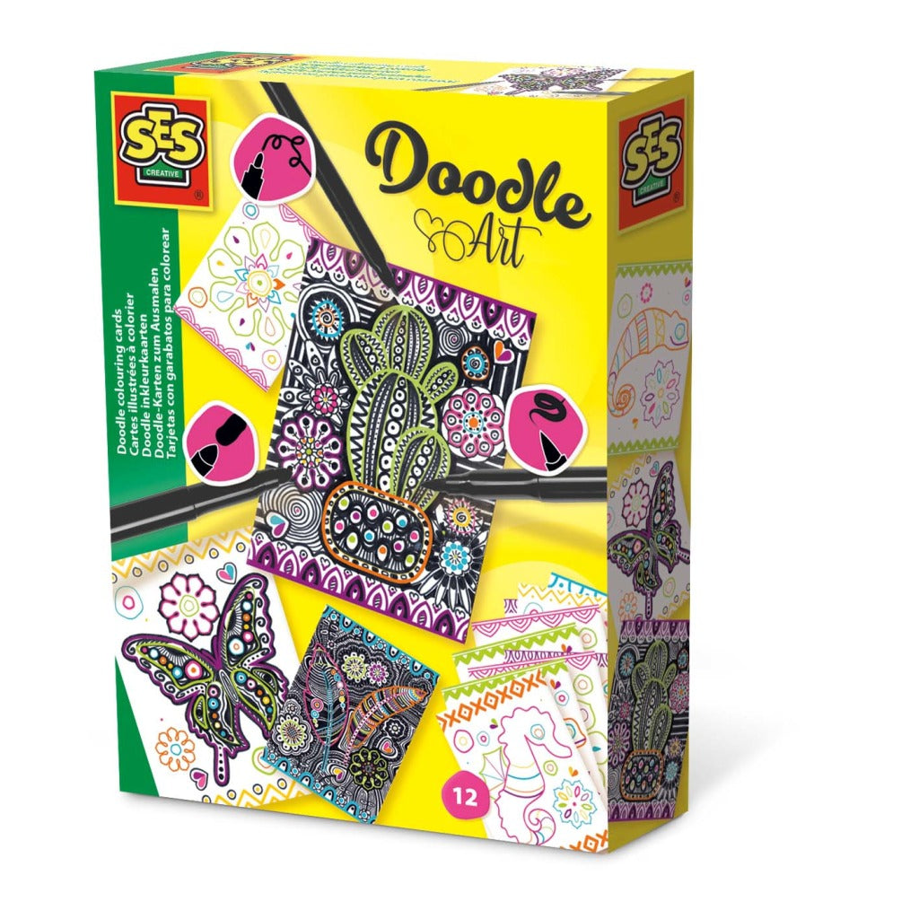 Ses creative doodle art inkleurkaarten 12 stuks + 3 zwarte stiften