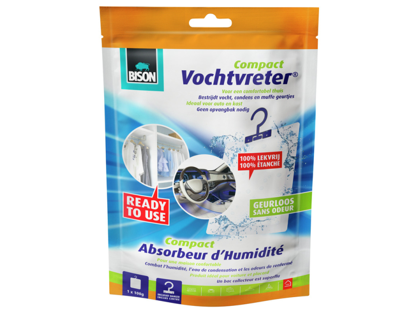 Bison vochtvreter® compact, luchtontvochtiger, bestrijd vocht en schimmel, speciale hanger, compact, geschikt voor kasten, auto's, caravans, campers, geen opvangbak nodig
