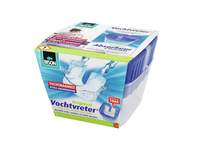 Bison vochtvreter® original, luchtontvochtiger, bestrijdt vocht en schimmel in woonruimtes, uniek luchtcirculatiesysteem, 450 g, wit, ook geschikt voor caravans en campers