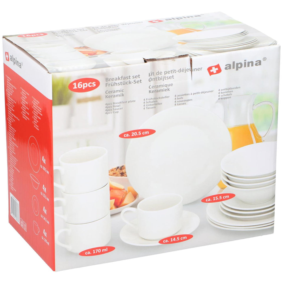 Alpina 16-delig ontbijtservies - 4 borden - 4 kommen - 4 koppen - 4 schotels - aardewerk - wit