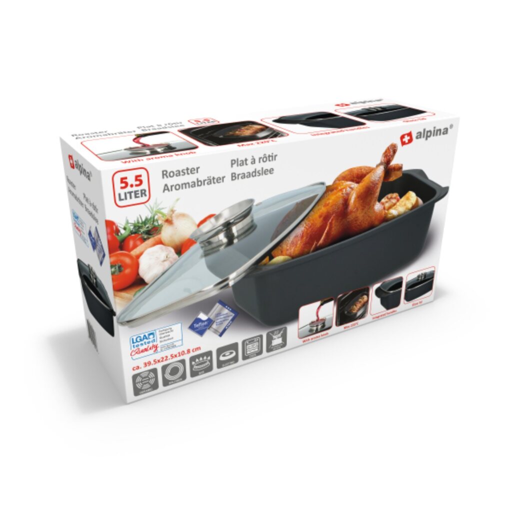 Alpina braadslee met glazen deksel 5,5l 39,5x22,5x10,8 cm zwart