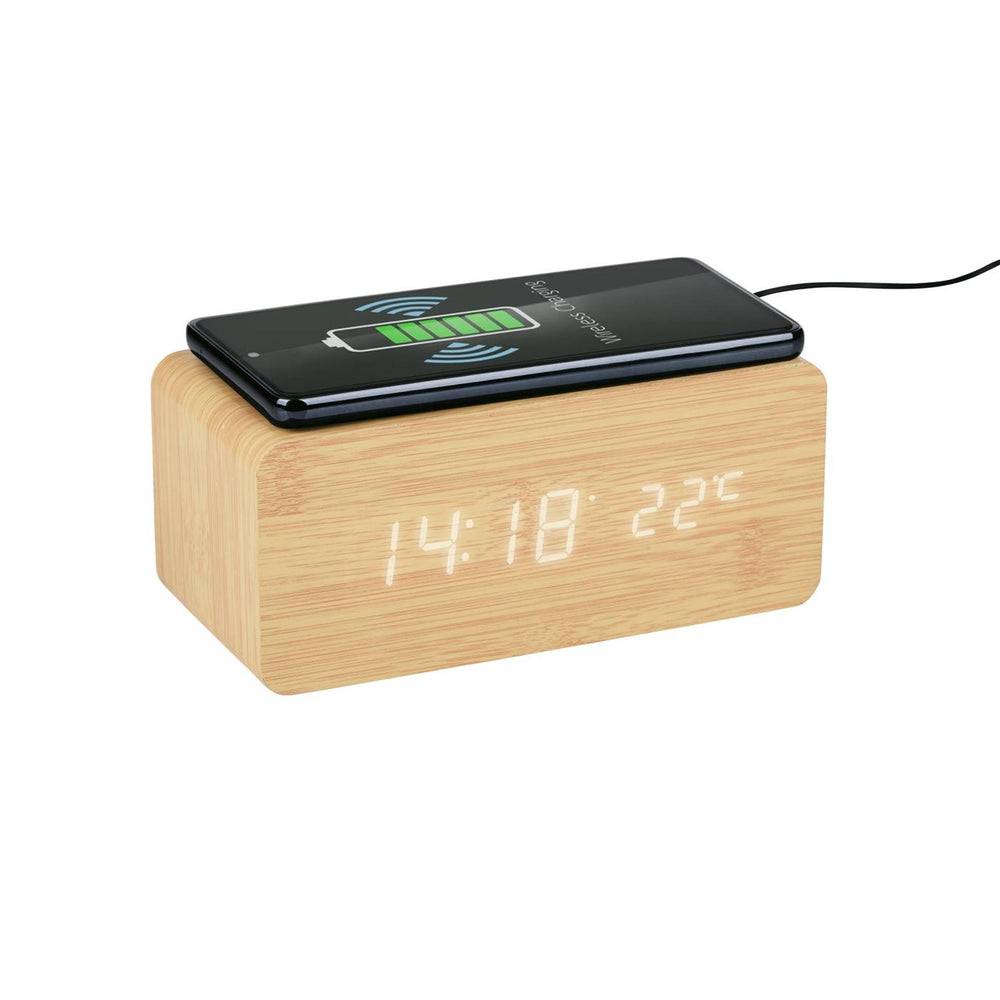 Grundig digitale wekker houtlook (op netstroom) met draadloze oplader 5w