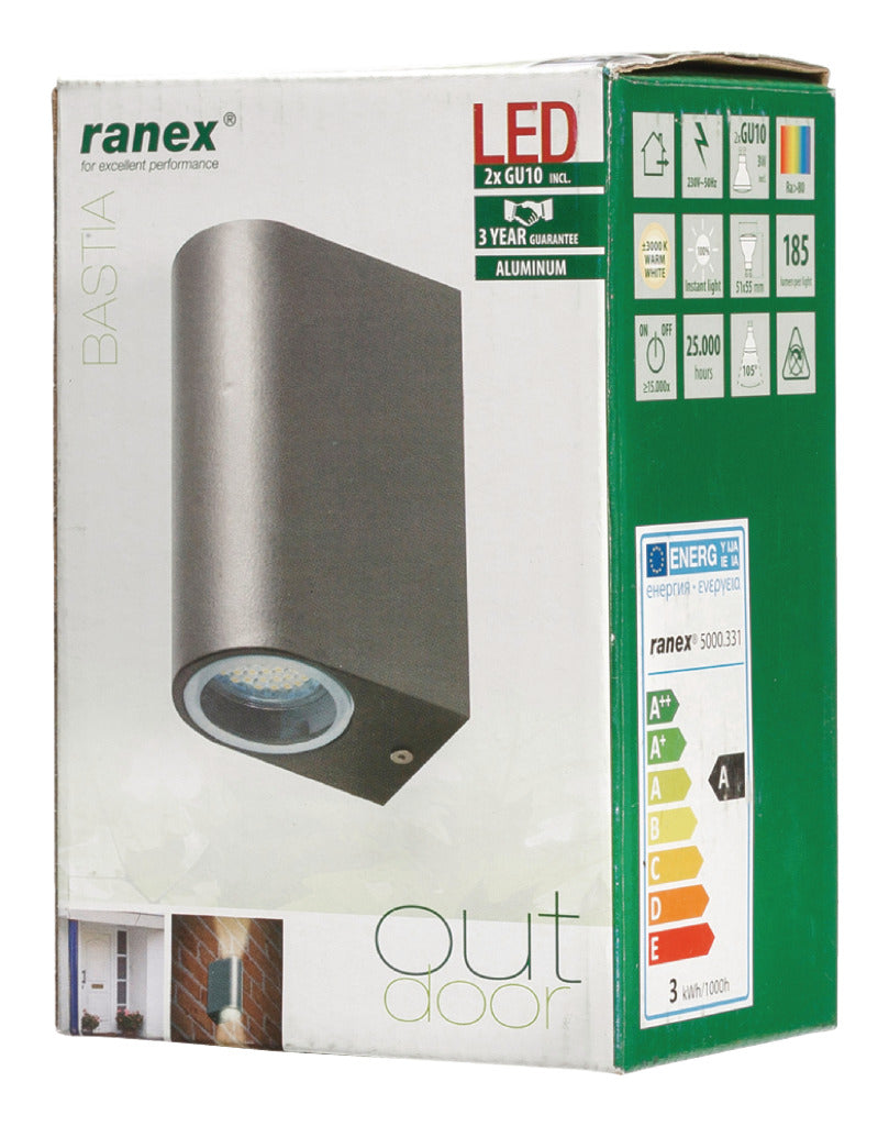 Ranex ra-5000331 led buitenwandlamp van roestvrij staal met twee lichtpunten