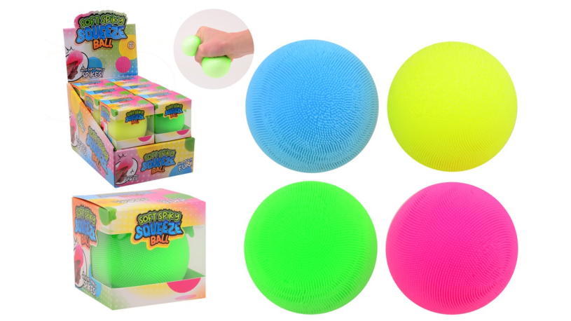 Johntoy soft spikey squeeze bal in display