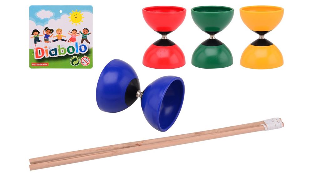 Buitenspeelplezier diabolo gekleurd met houten stokjes