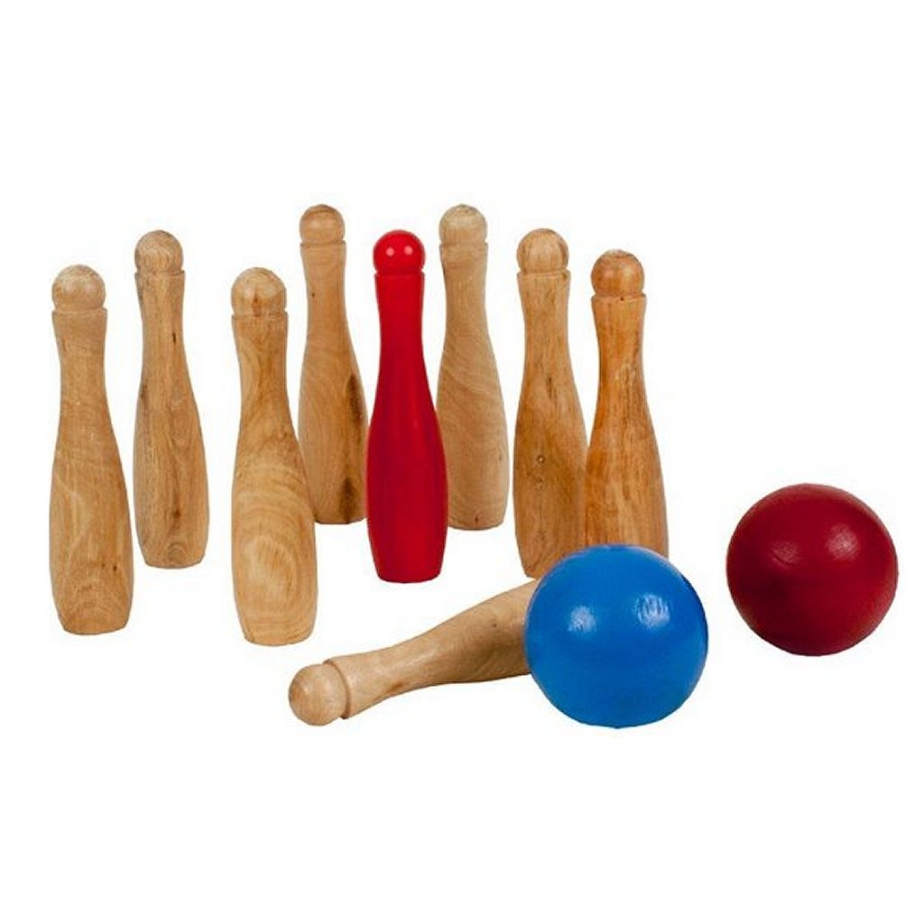 Buitenspeeltuin houten tuin bowlingset met 9 kegels en 2 ballen