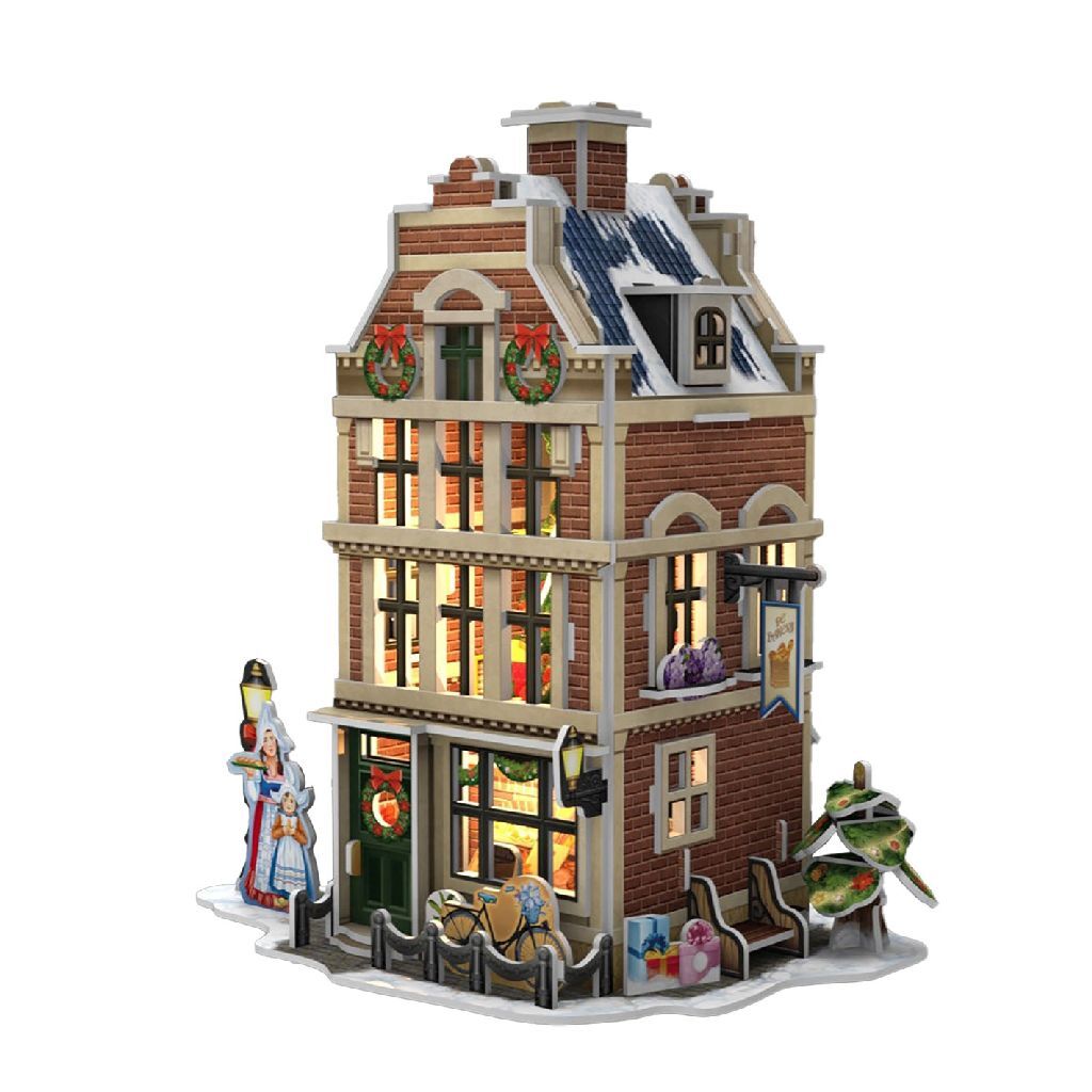 Kubieke leuke 3d puzzel hollands huisje winter bakkerij + licht 65 stukjes