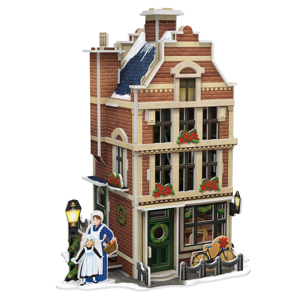 Kubieke leuke 3d puzzel hollands huisje winter bakkerij + licht 65 stukjes