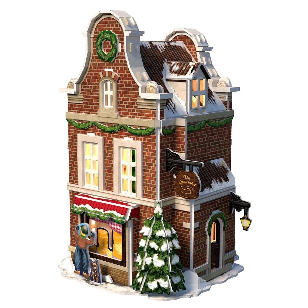 Kubieke leuke 3d puzzel hollands huisje winter kaaswinkel + licht 60 stukjes