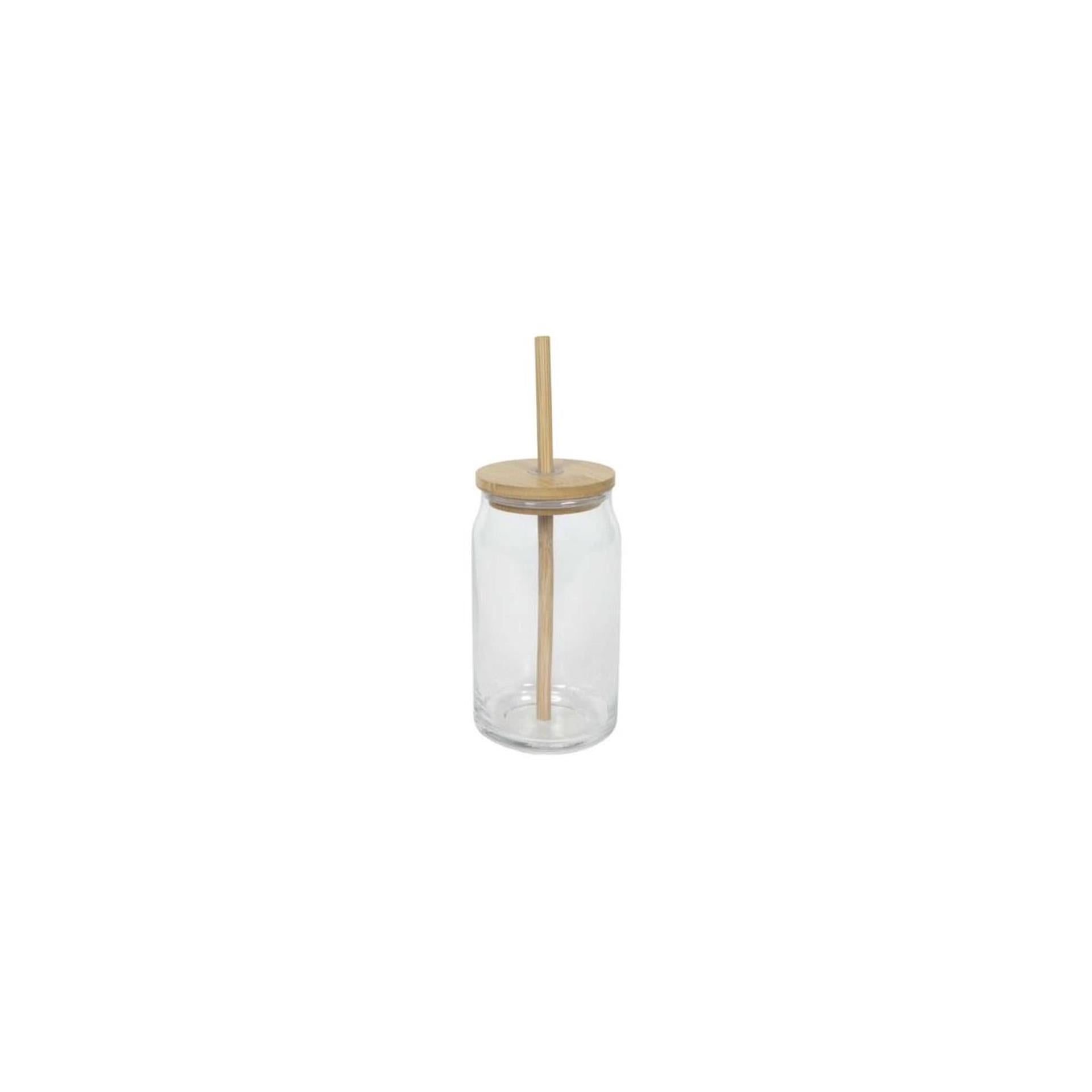 Drinkglas bamboe deksel + rietje 500ml