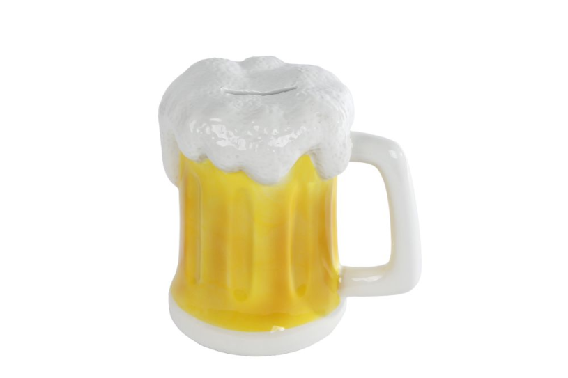 Spaarpot bierpul geel wit aardew 14x10x14,5cm