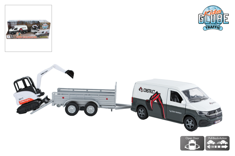 Kids globe vw transporter met minigraver pull back 27cm