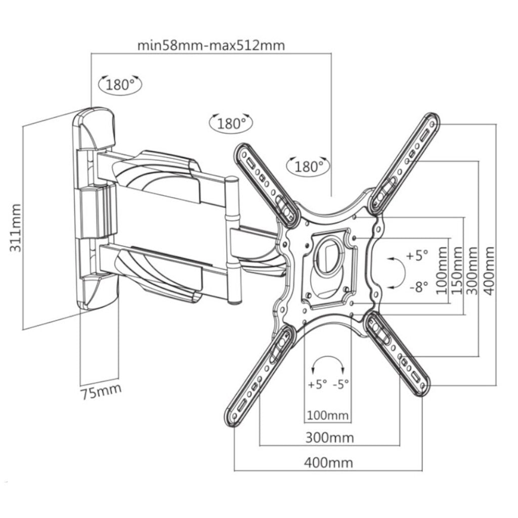 Cavus wme102 full motion enkele tv muurbeugel vanaf 23 inch schermen zwart