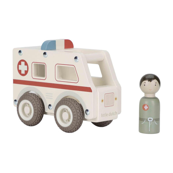 Little dutch houten ambulance speelgoedauto met houten figuur.