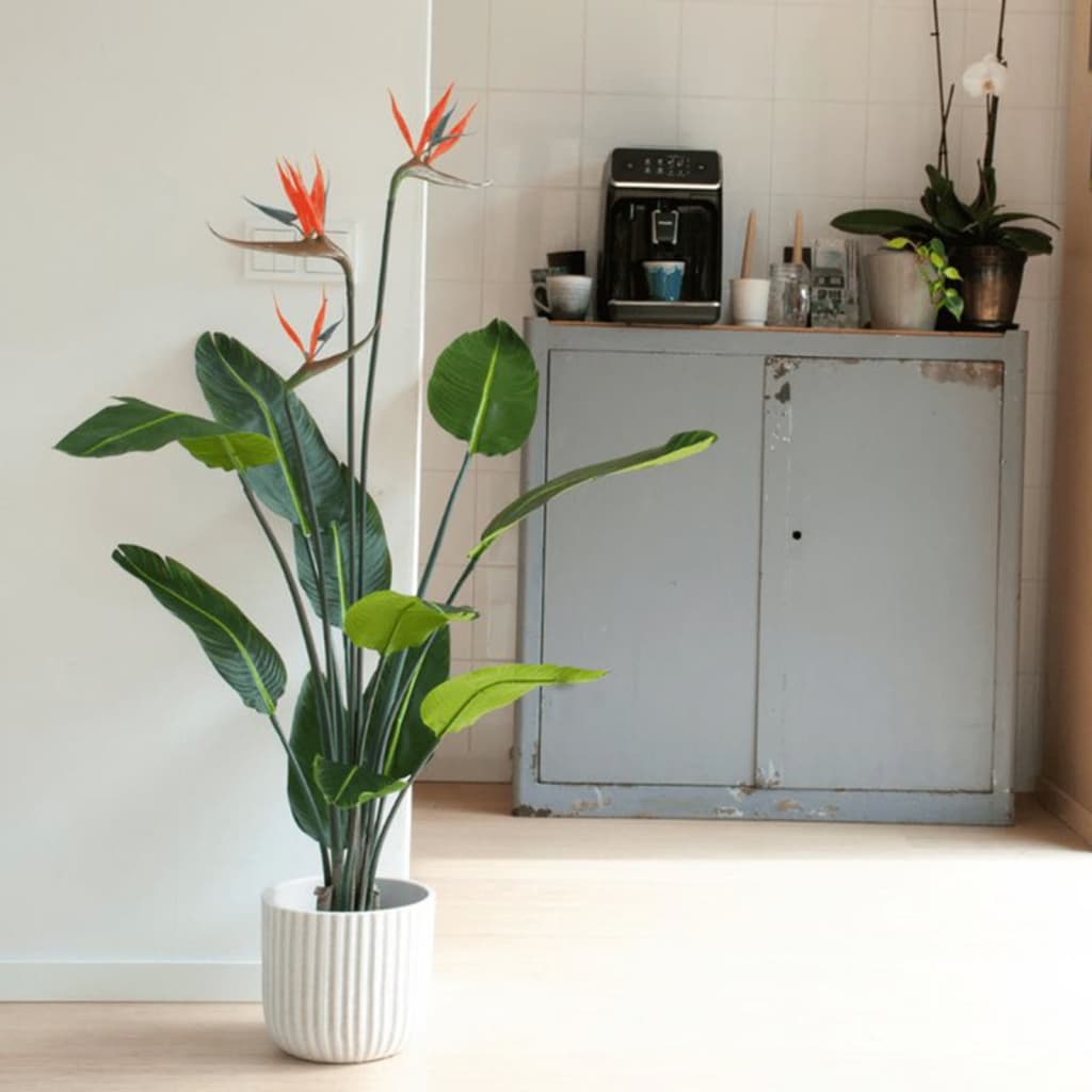 Smaragd kunstplant met pot en bloemen strelitzia 120 cm
