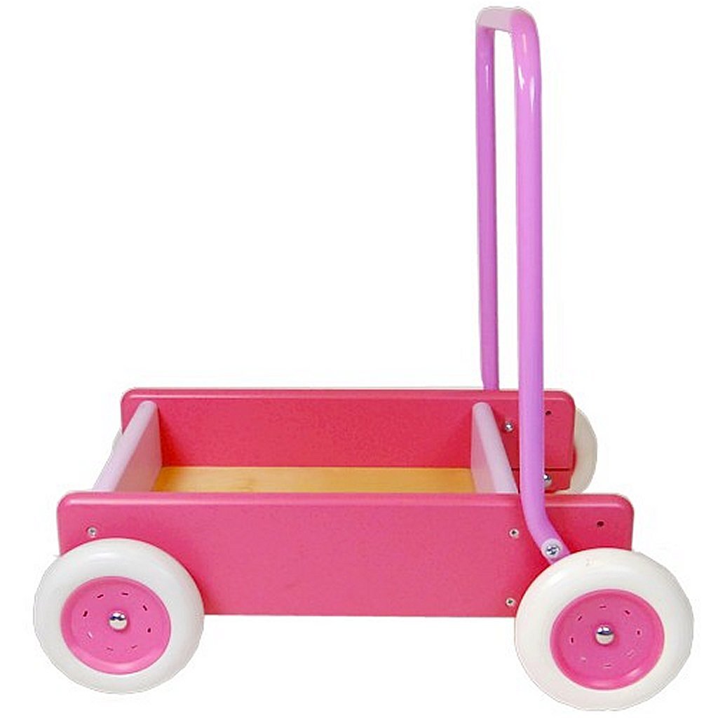 Van bueren houten duwwagen met leren lopen stand roze