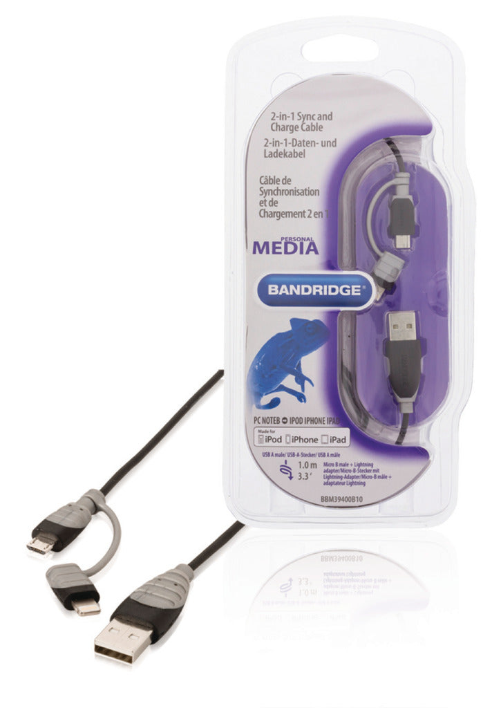 Bandridge bbm39400b10 2-in-1 data en oplaadkabel usb micro-b male + bliksemadapter - a male 1,00 m zwart
