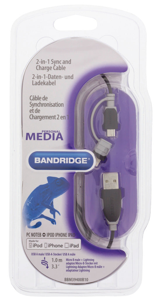 Bandridge bbm39400b10 2-in-1 data en oplaadkabel usb micro-b male + bliksemadapter - a male 1,00 m zwart