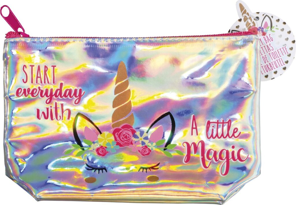 Eenhoorn kinder toilettasje etui make-up tasje holografisch met print 19,5x13cm
