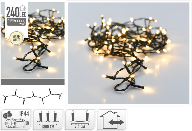 No brand kerst ledverlichting buiten, 240 led warm wit 0,5cm lampje 7,5 cm tussen lampjes, ip44 | 2 stuks