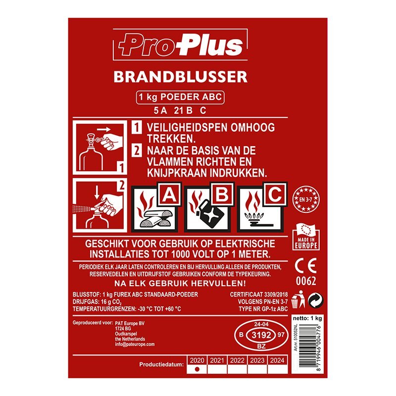 Proplus brandblusser 1kg abc poeder nl geschikt voor auto, boot en caravan