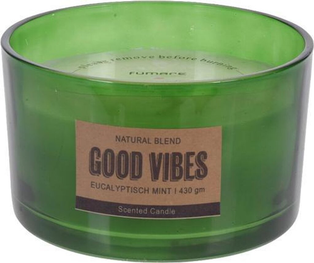 HS Geurkaars in glas eucalyptus mint met tekst Good Vibes