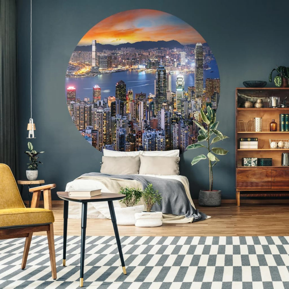 Muurschildering behangcirkel skyline by night 190 cm