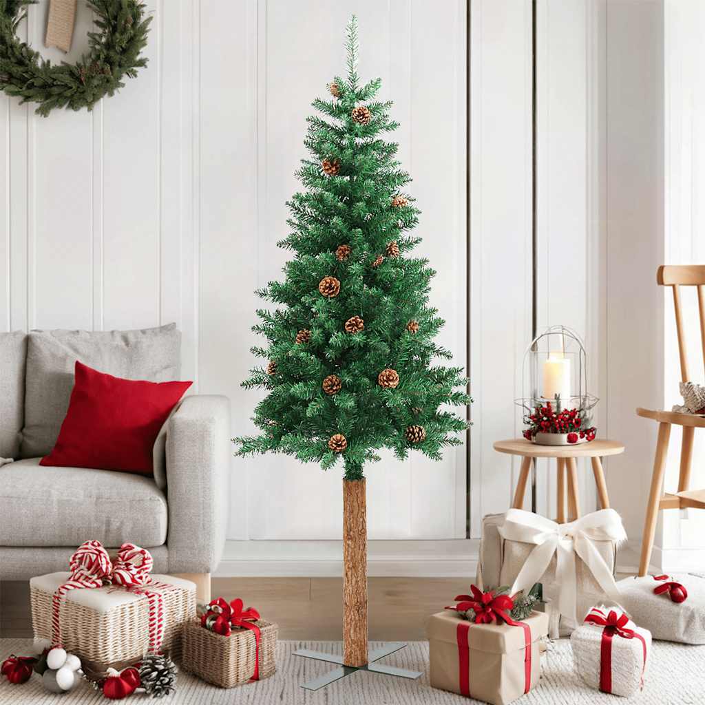 VidaXL Kerstboom met echt hout en dennenappels klein 150 cm PVC groen