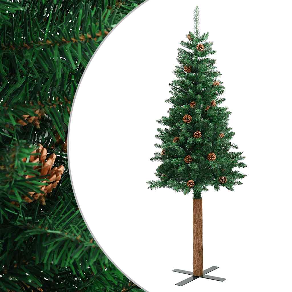 Vidaxl kerstboom met echt hout en dennenappels smal 210 cm pvc groen
